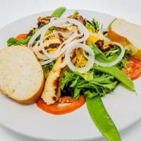 Grilled Chicken Salad · Hand-cut chicken, tomatoes, onions, snow peas & cheddar on a bed of fresh mixed greens.