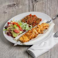 Chicken Kebab Plate · comes with a side of raw onion, rice, Greek salad and lavash