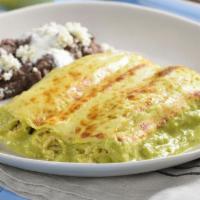 Enchilada Suizas · 2 pieces. Green tomatillo sauce with a choice of Chicken  or beef.