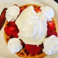 Strawberry Belgian Waffle · A thick buttermilk waffle with fresh strawberries and Devonshire cream. Choice of 2 bacon or...