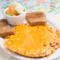 Snuffy's Mess Omelette · Served with ham, bacon, onions, green peppers, hashbrowns and cheddar cheese, fresh fruit on...
