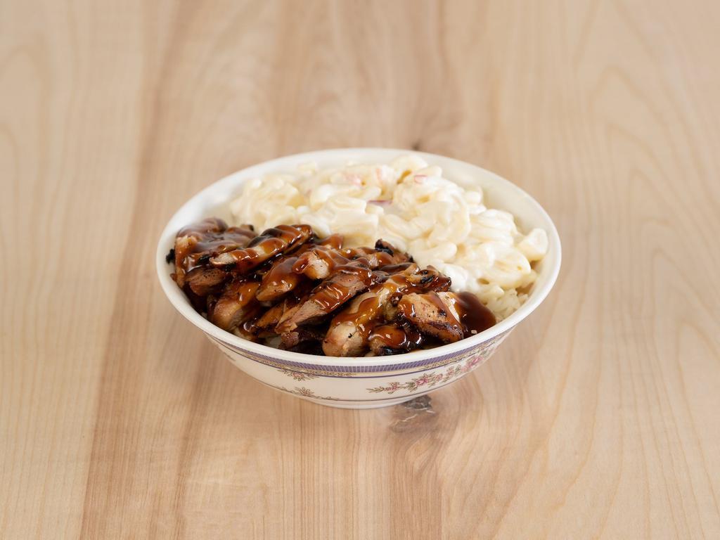 Chicken Hawaiian Bowl · Marinated chicken served over steamed rice with macaroni noodles, cabbage, and pineapple.