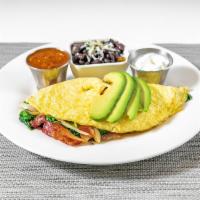 San Diego Omelette  · Organic spinach, crispy bacon, onions, avocado, sour cream and salsa on the side.