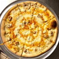Buffalo Chicken Pizza · Bleu cheese, chicken, mozzarella cheese, hot or mild sauce on top.
