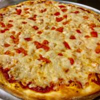 Shrimp Garlic Pizza · Shrimp, garlic, tomatoes, pizza sauce, and mozzarella cheese.