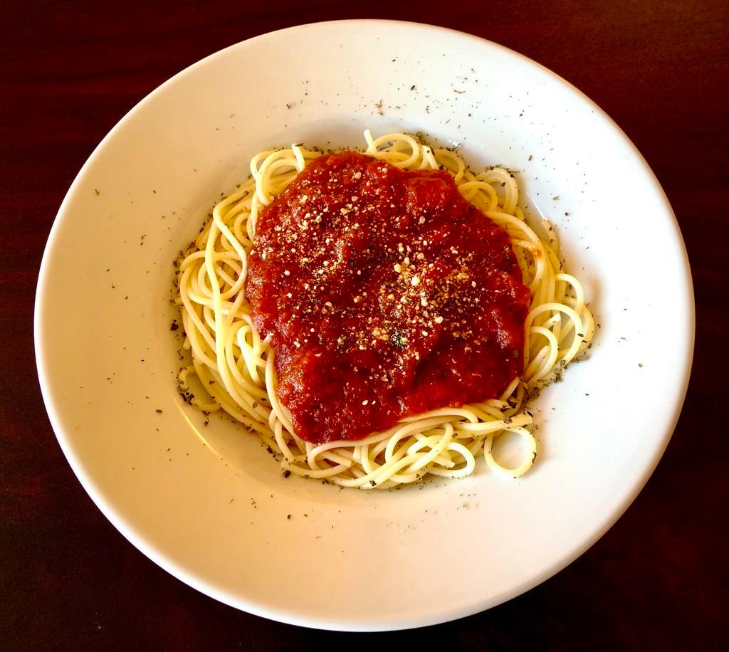 Spagetti with Marinara · Substitute meatball, sausage or meat sauce for an additional charge. Add chicken or shrimp for an additional charge.
