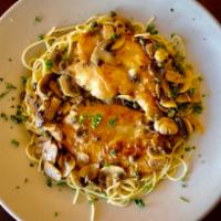 Chicken Piccata · Spaghetti with chicken tender, lemon butter sauce, caper, and mushrooms.