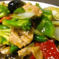 14. Stir Fried Mixed Vegetables · Broccoli, napa, carrot, green bean, mushroom, bell pepper and onion.