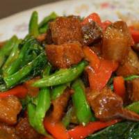 16. Stir-Fried Rind Pork with Chinese Broccoli · Rind pork, bell pepper, Chinese broccoli.