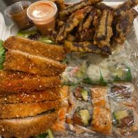 Combination Bento (4:00 pm to 9:00 pm · California roll, Spicy tuna roll, pork katsu, veggie tempura, Miso soup, Mixed green salad