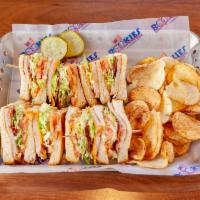 The Club House Sandwich · Smoked turkey, bacon, mayo, lettuce, tomato, avocado, cheddar cheese on toasted choice of br...