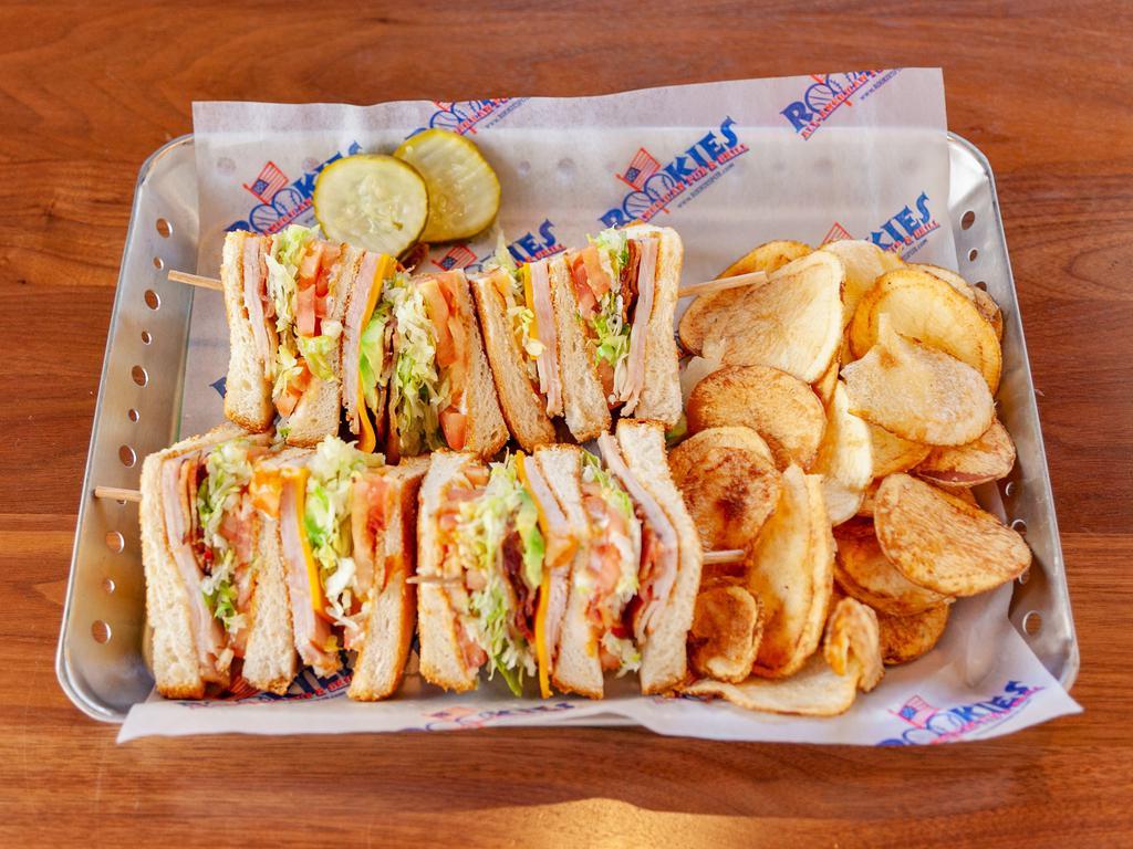 The Club House Sandwich · Smoked turkey, bacon, mayo, lettuce, tomato, avocado, cheddar cheese on toasted choice of bread.