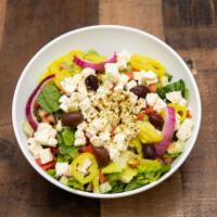 Greek Salad · Lettuce, cucumbers, tomatoes, red onion, black olives, banana peppers, feta cheese, zaatar, ...