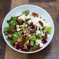 Kale Quinoa Salad · quinoa, kale, romaine, beets, goat cheese, chopped dates, sliced almonds, raspberry walnut v...