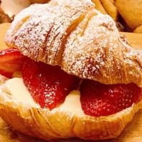 Strawberry & Cream Croissant · Fresh custard cream + Fresh Strawberry on a flakey butter croissant. So GOOD