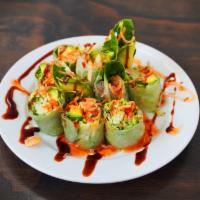 Spring Rolls (Crab) · Roll is filled with fresh lettuce, cucumber, carrot, avocado. Lightly dress with sweet & spi...