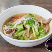 Rangoon Beef Noodle Soup  · The soup base is made with beef. Served with rice noodles, vegetables, beef, and spicy ginge...