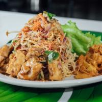 Rainbow Salad (Veggie w/ Tofu) · 3 kinds of noodles served with green papaya, tofu, onions, cucumber, red & white cabbage, ca...