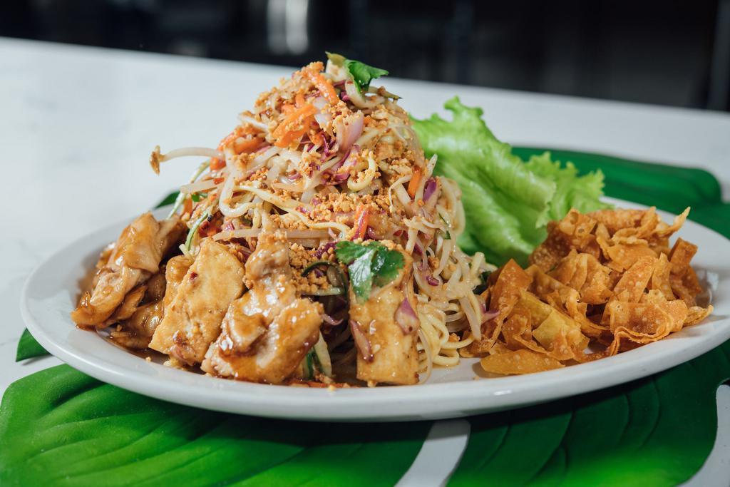 Rainbow Salad (Chicken) · 3 kinds of noodles served with green papaya, tofu, onions, cucumber, red & white cabbage, carrot, bean sprouts, cilantro. Lightly dressed with special tamarind sauce. Price varies on protein.