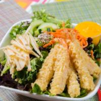Shrimp Salad · Mixed greens topped with thinly sliced apples, carrots, pickled cucumbers, sunflower seeds, ...