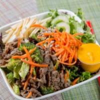 Beef Salad · Mixed greens topped with thinly sliced apples, carrots, pickled cucumbers, sunflower seeds, ...