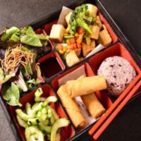 Veggie Tofu Bento · Crispy fried tofu topped with our special tofu sauce. Served with a scoop of rice, side sala...