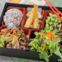 Spicy beef bento · Beef stir fried in a spicy sauce with broccoli, carrots, and onion. Served with a scoop of r...