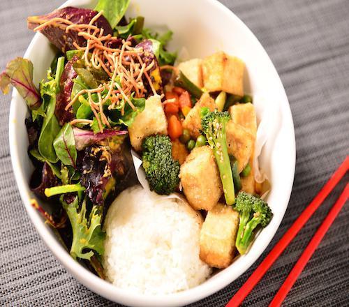 Fried Tofu Rice Bowl · Crispy fried tofu topped with our special tofu sauce. Served with a side salad and a scoop of rice.