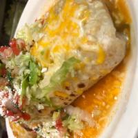 Wet Burrito · Our delicious monster burrito topped sauce, lettuce, pico de gallo and cheese with your choi...