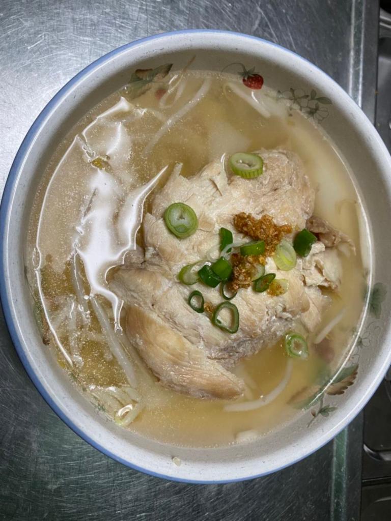 Chicken Noodle Soup · Clear noodle soup with chicken, sprouts and scallion.