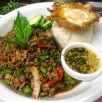 Ground Pork Basil with Fried Egg · Bell pepper, onion, basil, long hot chili, garlic and chili. Spicy.