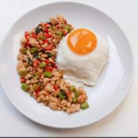 Ground Chicken Basil with Fried Egg · Bell pepper, onion, basil, long hot chili, garlic and chili. Spicy.