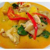 Red Pumpkin Curry · Bamboo shoot, basil, bell pepper, long hot chili, pumpkin and coconut milk. Spicy.
