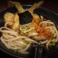 Tempura Udon · Udon noodle, hot dashi broth, with 2 shrimp and assorted vegetable tempura