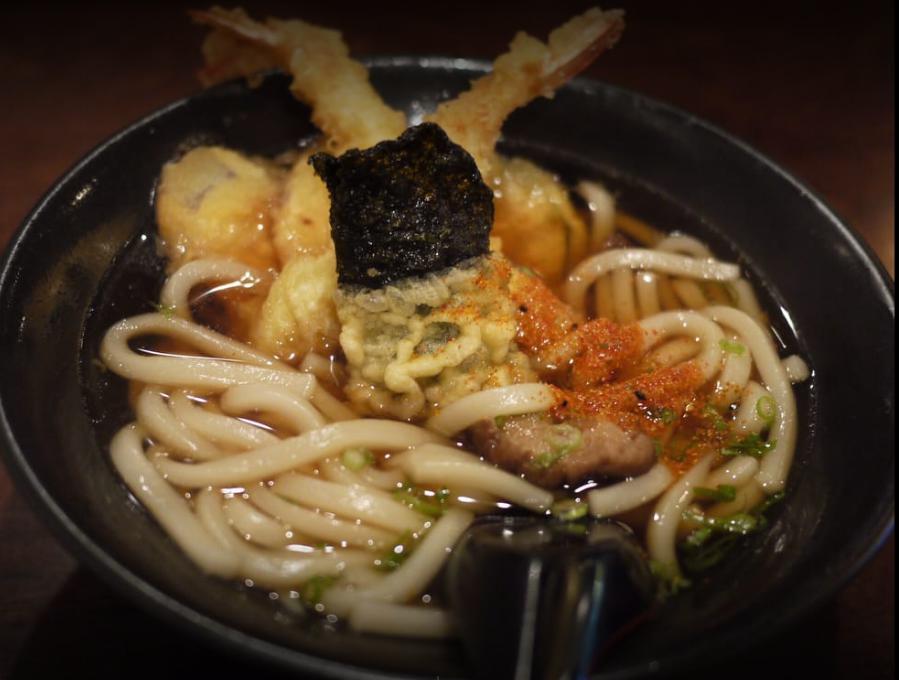 Tempura Udon · Udon noodle, hot dashi broth, with 2 shrimp and assorted vegetable tempura