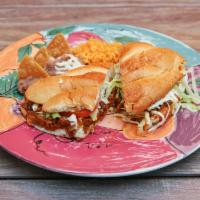 Torta Dinner · Mexican sandwich your choice of meat filled with beans, lettuce, tomato, cheese and sour cre...