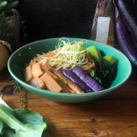 Yasai Don · Eggplant, sliced onions, bean sprouts, enoki and shiitake mushrooms, menma, and togarashi ov...
