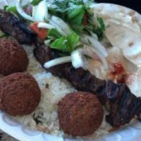 Beef Kabob and Falafel · 1 skewer of grilled beef cubes and 3 balls of falafel, fried. Served with hummus, rice, sala...
