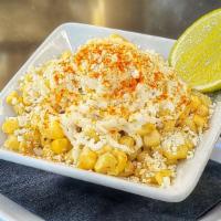 Street Corn (Esquites) · Boiled corn kernels with mayo, cotija cheese, and chile powder.