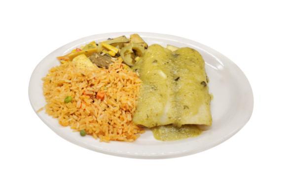 PB Chicken Enchiladas · PB chicken enchiladas topped with green tomatillo sauce, served with rice and veggies.