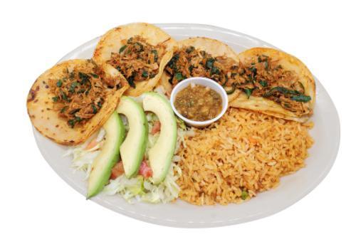 PB Chicken Street Tacos · 4 open face corn tortilla tacos, filled with PB Chicken, sautéed with mushrooms, spinach, and onions, served with rice and avocado.