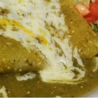 Green Enchilada Plate · Served with rice and beans. Topped with green tomatillo sauce and melted cheese.