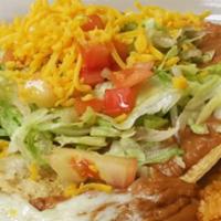 1 Bean Tostada & 2 Cheese Enchiladas · Served with rice and beans. Topped with cheese sauce.