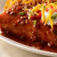 Burro Grande · Served with rice, beans, and sour cream. Topped with your choice of sauce. An extra large fl...