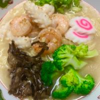 Kaisen Ramen (seafood) · Pork broth with shrimp, squid, fish cake, scallion, Fried garlic, and kikurage mushrooms.