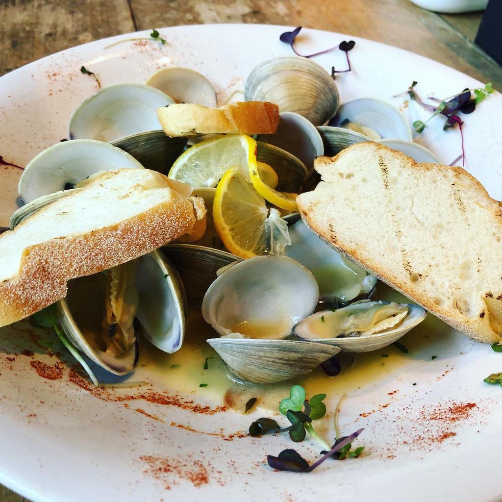 Steamed Clams · dozen steamed little neck clams in white wine, fresh herbs, garlic and lobster broth