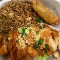 Almond Boneless Chicken Combination Dinner · served with chicken fried rice and egg roll