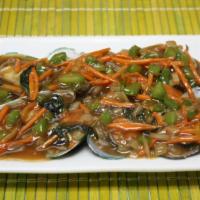 Steamed Mussels · Thai style steamed mussels with chili, onion, scallion, carrot and basil. 