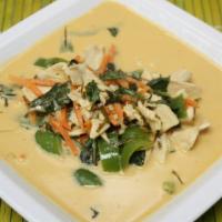 Panang Curry · Panang curry with bell pepper, carrot, basil, coconut milk and lime leaves. Curry cooked wit...