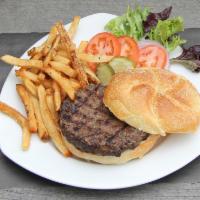 10 oz. Certified Angus Beef Burger · Served with hand-cut fries and pickle chips.